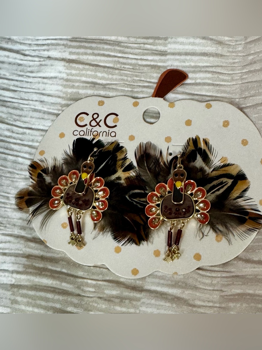 Cute C&C California Brown & Orange Turkey Feather Drop Earrings